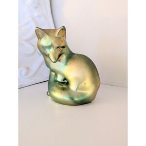 Vintage Zsolnay Eosin Iridescent Green Fox Figurine, Made in Hungary